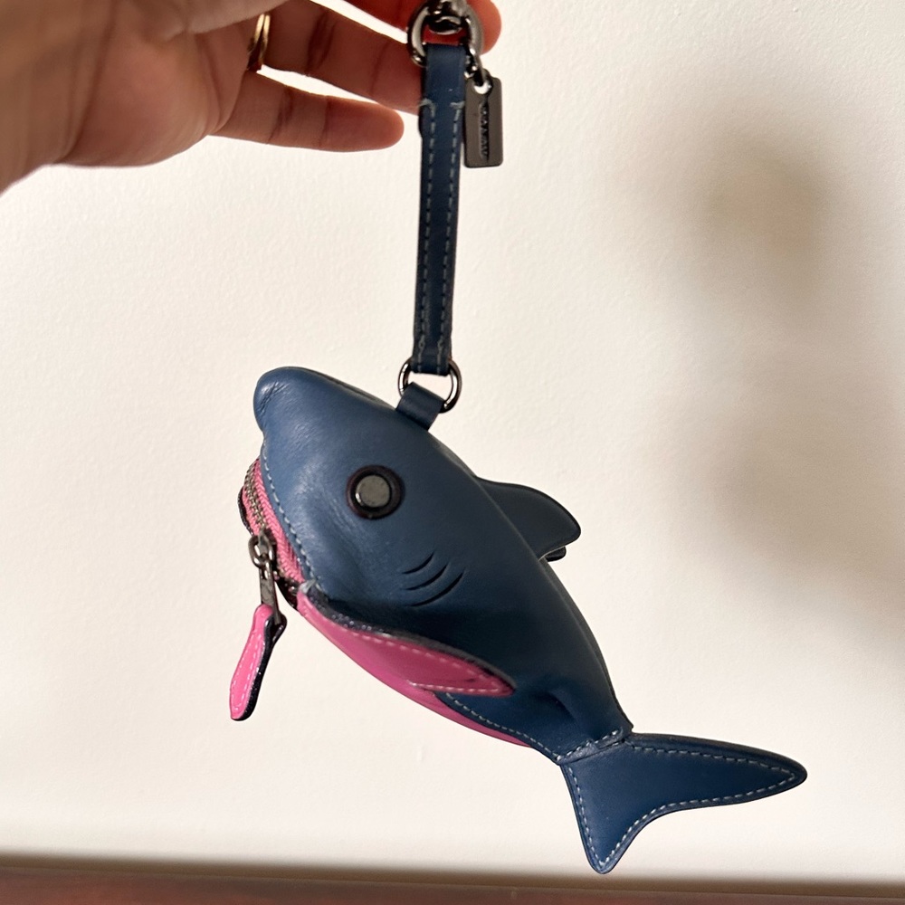 Sharky Shark Bag Charm Coin Case in Blue and Pink Leather